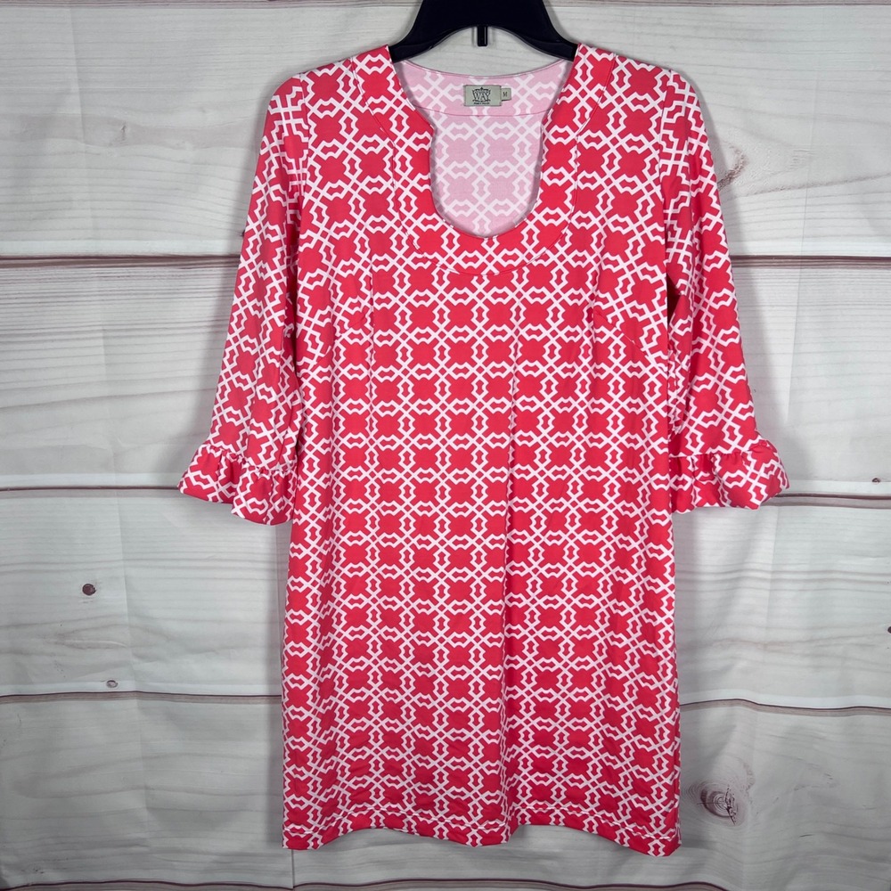 Katherine Way Dress Womens M Pink Geometric 3/4 Ruffle Sleeve Notch Neck Stretch